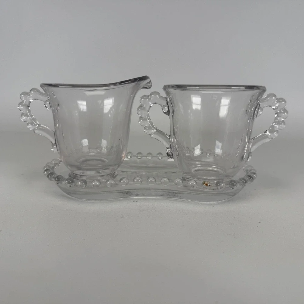 Vintage Imperial Candlewick Clear Glass Creamer Sugar Set with Tray 3 Piece